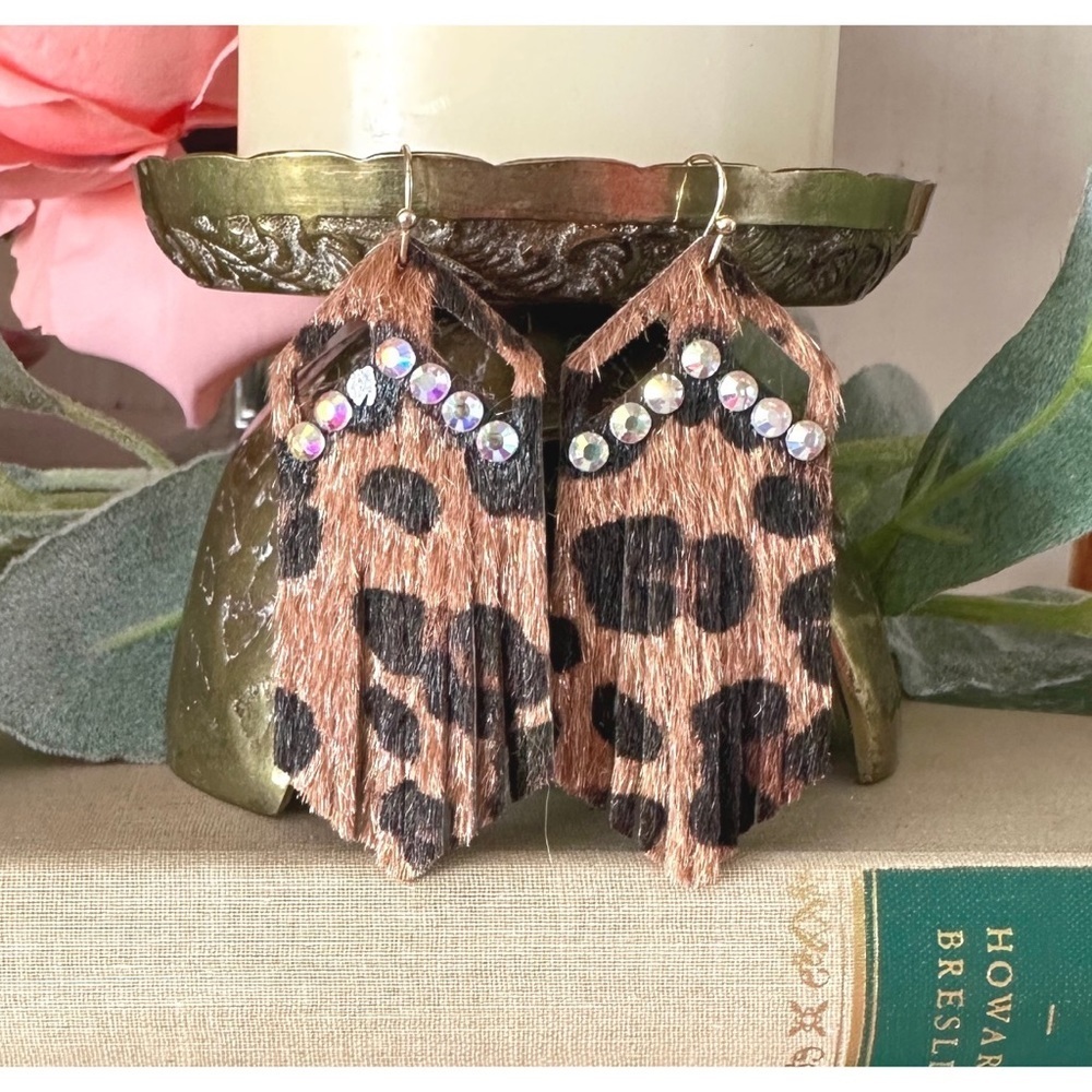 Leather leopard tassel earrings